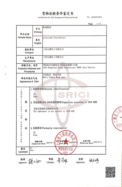 China Shanghai Yixin Chemical Co., Ltd. Certificações